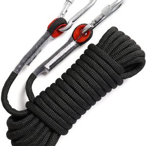 10mm Rock Climbing Rope 35FT Static,Outdoor Safety Ropes with Carabiner,Arborist Tree Climbing,Rescue Grappling Lifeline,Escape Descender Abseiling Rope, Magnet Fishing Rope Black