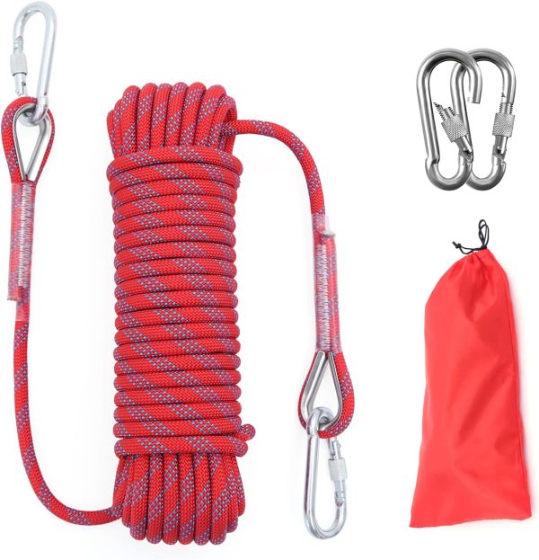 Outdoor Climbing Rope 10MM Diameter 10M(32ft) 20M(64ft) Static Rock Climbing Rope,Tree Climbing Rappelling Rope,Escape Nylon Rope,Ice Climbing Equipment Fire Rescue Parachute Rope with 2 Steel Hooks