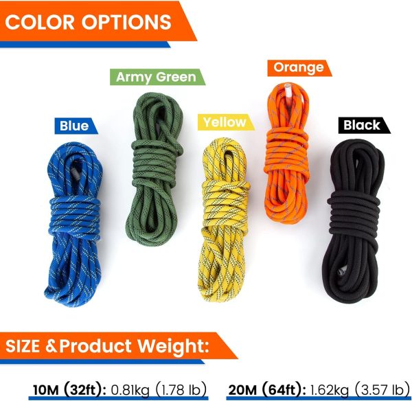 Rock Climbing Rope, Outdoor Static Climbing Rope, 10mm High Strength Safety Rope, Hiking Tree Climbing Fire Escape Rappelling Rope, Fire Rescue Rope 10M(32ft) 20M(65ft)