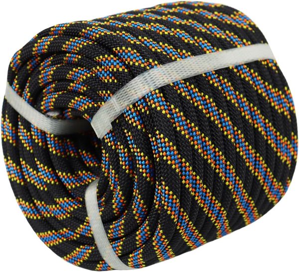 71cPpEnzMLL._AC_SL1200 Braided Polyester Arborist Rigging Rope (3/8 inch X 50 feet) High Strength Outdoor Rope for Rock Climbing Hiking Camping Swing, Black/Orange/Blue