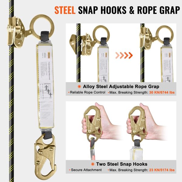 VEVOR Climbing Rope, Fall Protection Safety Rope, 25 50 100 150ft Vertical Tree Stand safety Rope Line Kit Safety Harness for Roofing Work with Alloy Steel Rope Grab, Two Snap Hooks, Shock Absorber
