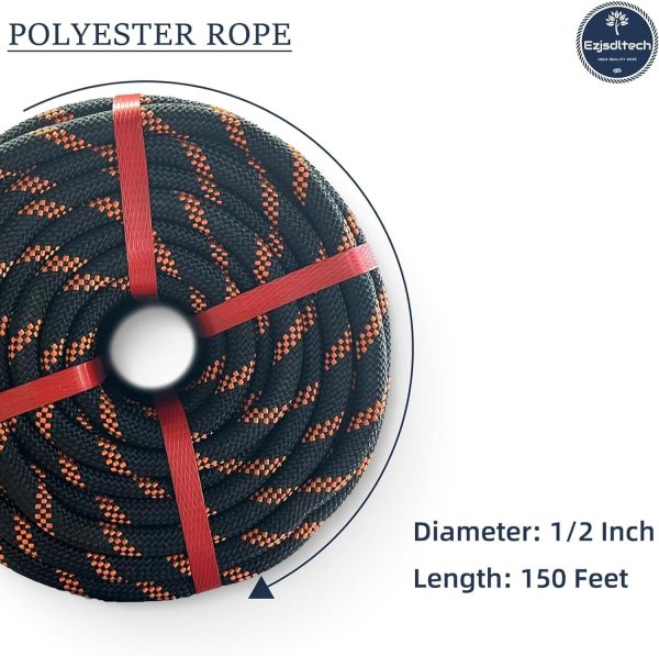 Arborist Rigging Rope Bull Rope Black (1/2 in x 150ft) Polyester Braided Arborist Rope 48 Strands for Tree Work Camping or Swinging…