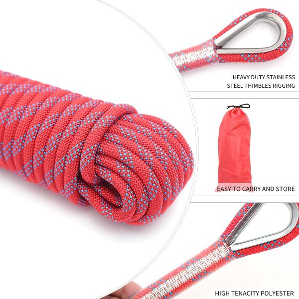 Outdoor Climbing Rope 10MM Diameter 10M(32ft) 20M(64ft) Static Rock Climbing Rope,Tree Climbing Rappelling Rope,Escape Nylon Rope,Ice Climbing Equipment Fire Rescue Parachute Rope with 2 Steel Hooks