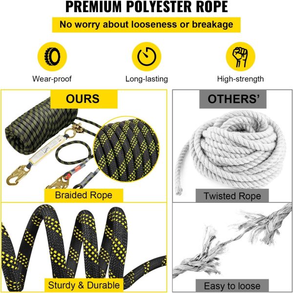 VEVOR Climbing Rope, Fall Protection Safety Rope, 25 50 100 150ft Vertical Tree Stand safety Rope Line Kit Safety Harness for Roofing Work with Alloy Steel Rope Grab, Two Snap Hooks, Shock Absorber