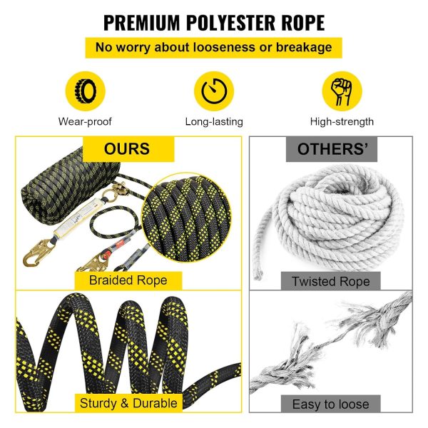 VEVOR Vertical Lifeline Assembly, 0.55'' x 100' Fall Protection Rope with 30 KN Breaking Tension, Polyester Roofing Rope with Steel Snap Hooks, Rope Grab, and Shock Absorber, ANSI Compliant