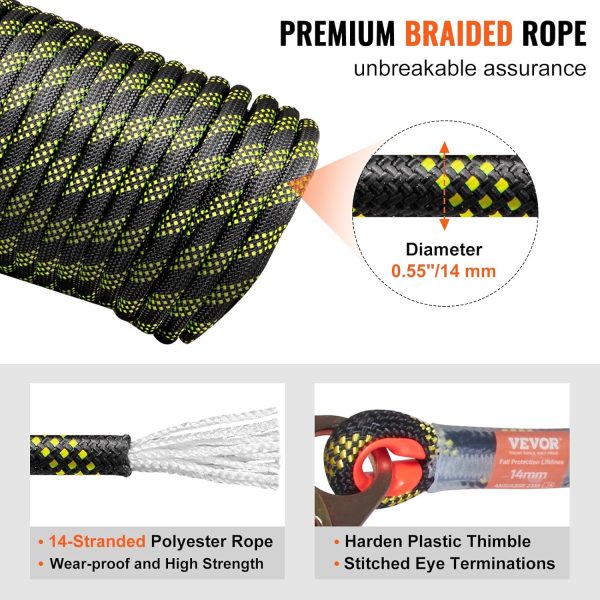 VEVOR Vertical Lifeline Assembly, 0.55'' x 100' Fall Protection Rope with 30 KN Breaking Tension, Polyester Roofing Rope with Steel Snap Hooks, Rope Grab, and Shock Absorber, ANSI Compliant