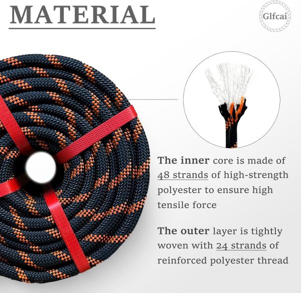 Arborist Rope 1/2 in x 150 Ft Black Tree Climbing Rope Polyester Braided Arborist Climbing Rope 1/2 inch 48 Strands 150 Feet for Various Outdoor Applications Construction Climbing Swing Sailing