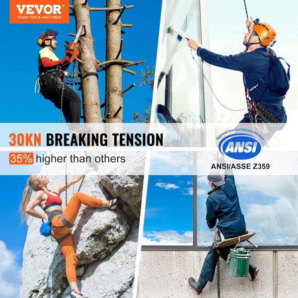 VEVOR Climbing Rope, Fall Protection Safety Rope, 25 50 100 150ft Vertical Tree Stand safety Rope Line Kit Safety Harness for Roofing Work with Alloy Steel Rope Grab, Two Snap Hooks, Shock Absorber