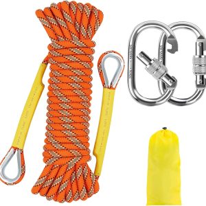 NTR Orange/Black/Blue Climbing Rope 10M(32ft) 20M(64ft) 30M(96ft) 50M(160ft), 8MM Static Rock Climbing Rope with 2 Steel Hooks, Rappelling Rope for Outdoor, Hiking Safety Escape Rope, Rescue Parachute