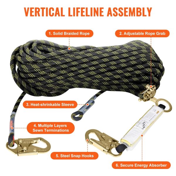 VEVOR Vertical Lifeline Assembly, 0.55'' x 100' Fall Protection Rope with 30 KN Breaking Tension, Polyester Roofing Rope with Steel Snap Hooks, Rope Grab, and Shock Absorber, ANSI Compliant