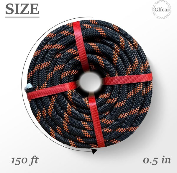Arborist Rope 1/2 in x 150 Ft Black Tree Climbing Rope Polyester Braided Arborist Climbing Rope 1/2 inch 48 Strands 150 Feet for Various Outdoor Applications Construction Climbing Swing Sailing