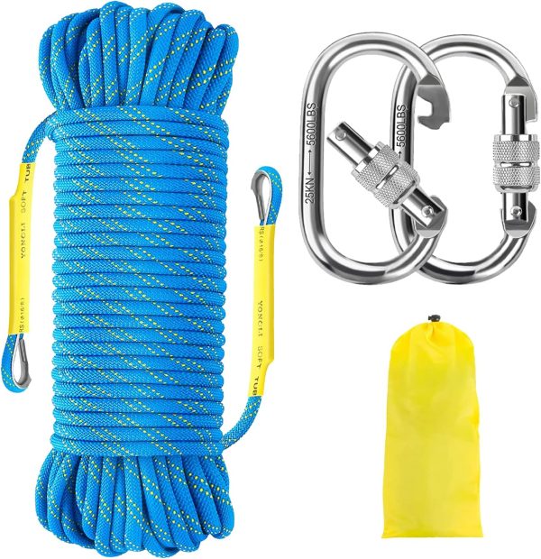 NTR Orange/Black/Blue Climbing Rope 10M(32ft) 20M(64ft) 30M(96ft) 50M(160ft), 8MM Static Rock Climbing Rope with 2 Steel Hooks, Rappelling Rope for Outdoor, Hiking Safety Escape Rope, Rescue Parachute