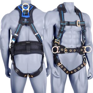 Fall Protection 5pt Full-Body Safety Harness, Vented & Padded Shoulder, Back & Legs, 8” Thick Back Support, Tongue Buckle, D-Rings, Grommet Leg Straps & Waist Belt (OSHA/ANSI Rated PPE)