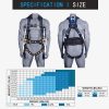Fall Protection 5pt Full-Body Safety Harness, Vented & Padded Shoulder, Back & Legs, 8” Thick Back Support, Tongue Buckle, D-Rings, Grommet Leg Straps & Waist Belt (OSHA/ANSI Rated PPE)