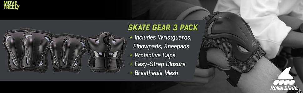 Rollerblade Skate Gear 3 Pack, Rollerblade pads, Rollerblading pads, inline skating pads