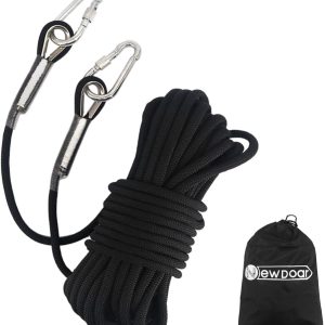 Climbing Rope 8(5/16in),10mm (3/8in), High Strength Accessory Cord Rope with 2 Steel Hooks, for Outdoor Rescue Rappelling Rope Down Cliffs ledges Safety Escape Tow strap Equipment(Black)