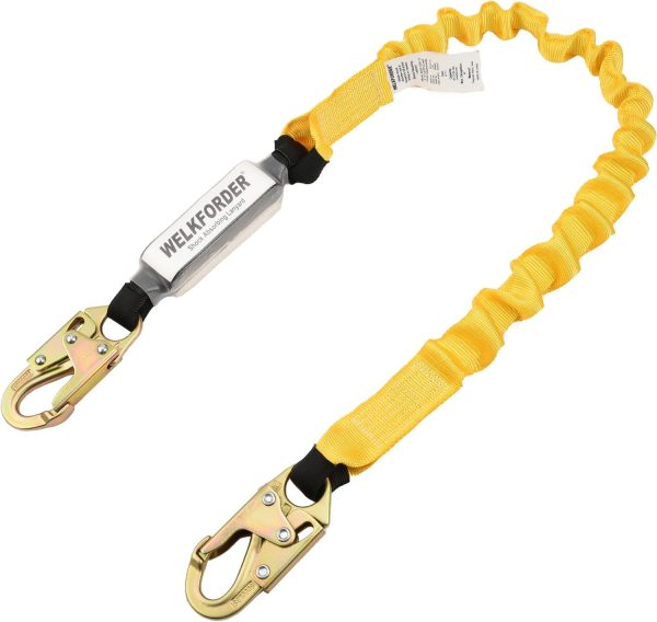 [2-Pack] 6-Foot Shock Absorber Stretchable Safety Lanyard with Double Snap Hook Connectors ANSI Z359.13-2013 Compliant Fall Protection Equipment