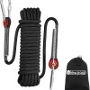 Climbing Rope 8(5/16in),10mm (3/8in), High Strength Accessory Cord Rope with 2 Steel Hooks, for Outdoor Rescue Rappelling Rope Down Cliffs ledges Safety Escape Tow strap Equipment(Black)
