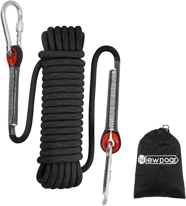 Climbing Rope 8(5/16in),10mm (3/8in), High Strength Accessory Cord Rope with 2 Steel Hooks, for Outdoor Rescue Rappelling Rope Down Cliffs ledges Safety Escape Tow strap Equipment(Black)