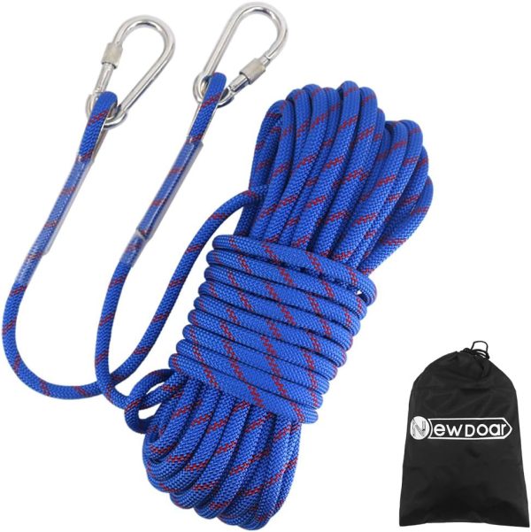 Climbing Rope 8(5/16in),10mm (3/8in), High Strength Accessory Cord Rope with 2 Steel Hooks, for Outdoor Rescue Rappelling Rope Down Cliffs ledges Safety Escape Tow strap Equipment(Black)
