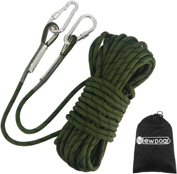 Climbing Rope 8(5/16in),10mm (3/8in), High Strength Accessory Cord Rope with 2 Steel Hooks, for Outdoor Rescue Rappelling Rope Down Cliffs ledges Safety Escape Tow strap Equipment(Black)