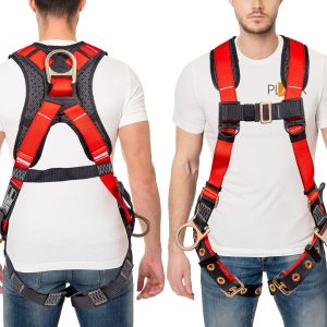 Safety Full Body Harness with 5 Point Adjustment, Dorsal D-ring, Grommet Legs, Two Side D Rings, and Fall Indicators