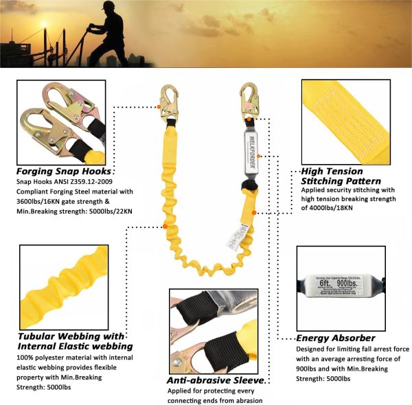 [2-Pack] 6-Foot Shock Absorber Stretchable Safety Lanyard with Double Snap Hook Connectors ANSI Z359.13-2013 Compliant Fall Protection Equipment