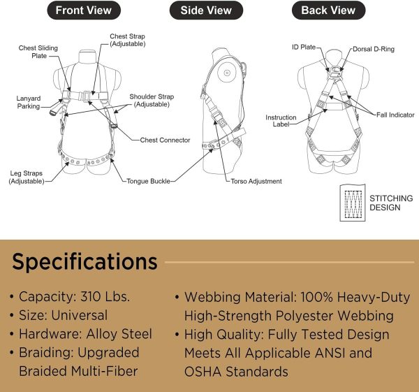 Universal Full-Body Fall Protection Safety Harness w/ 3 D-Rings and Tongue Buckle Legs