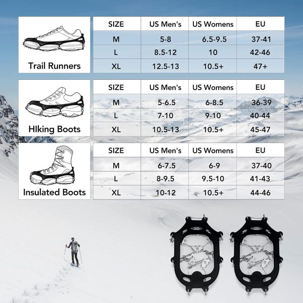 Crampons Ice Cleats Anti Slip Newest 28 Stainless Steel Spikes Suitable for All Boots Shoes Great Protect for Hiking Trekking Walking Jogging Climbing Mountaineering Fishing Men Women Kids(Black, L)