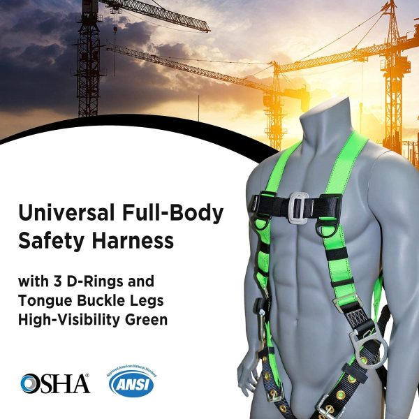 Universal Full-Body Fall Protection Safety Harness w/ 3 D-Rings and Tongue Buckle Legs