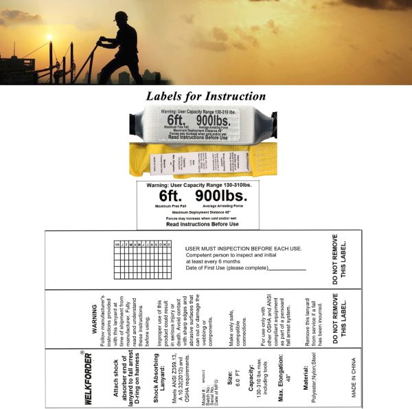 [2-Pack] 6-Foot Shock Absorber Stretchable Safety Lanyard with Double Snap Hook Connectors ANSI Z359.13-2013 Compliant Fall Protection Equipment