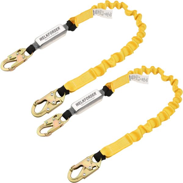 [2-Pack] 6-Foot Shock Absorber Stretchable Safety Lanyard with Double Snap Hook Connectors ANSI Z359.13-2013 Compliant Fall Protection Equipment