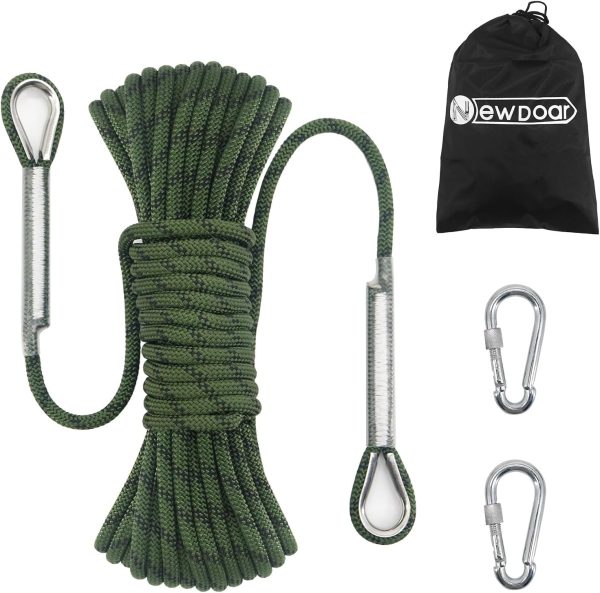 Climbing Rope 8(5/16in),10mm (3/8in), High Strength Accessory Cord Rope with 2 Steel Hooks, for Outdoor Rescue Rappelling Rope Down Cliffs ledges Safety Escape Tow strap Equipment(Black)