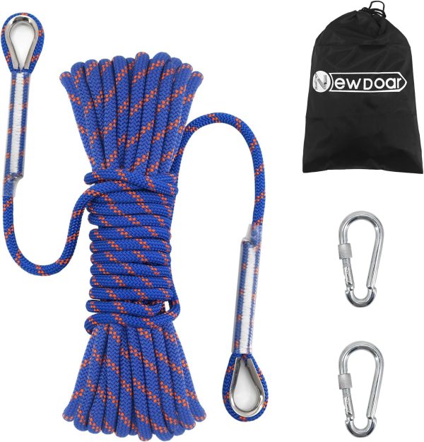 Climbing Rope 8(5/16in),10mm (3/8in), High Strength Accessory Cord Rope with 2 Steel Hooks, for Outdoor Rescue Rappelling Rope Down Cliffs ledges Safety Escape Tow strap Equipment(Black)