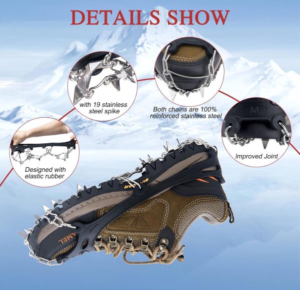 Crampons for Hiking Boots, Shoes, Anti Slip 19 Stainless Steel Crampons Ice Cleats Traction Snow Grips Safe Protect for Women Men Kids Walking Climbing