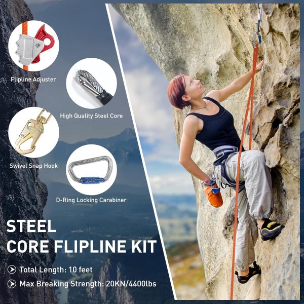 Steel Core Flipline Kit, 1/2" x 10' Tree Climbing Flipline, Adjustable Tree Lanyard, Cut Resistant & Low Stretch Positioning Rope Lanyard for Fall Protection, Arborist, Tree Climbers