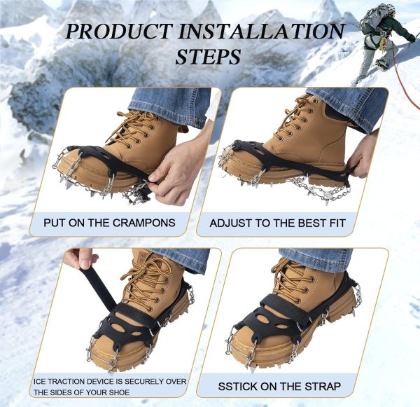 Crampons for Hiking Boots, Shoes, Anti Slip 19 Stainless Steel Crampons Ice Cleats Traction Snow Grips Safe Protect for Women Men Kids Walking Climbing