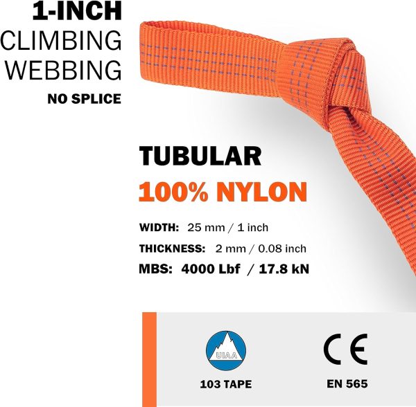 1 inch Nylon Tubular Webbing Tape CE UIAA Certified 4000lb Heavy Duty for Climbing Rescue Rope Works Survival Outdoor General Purposes