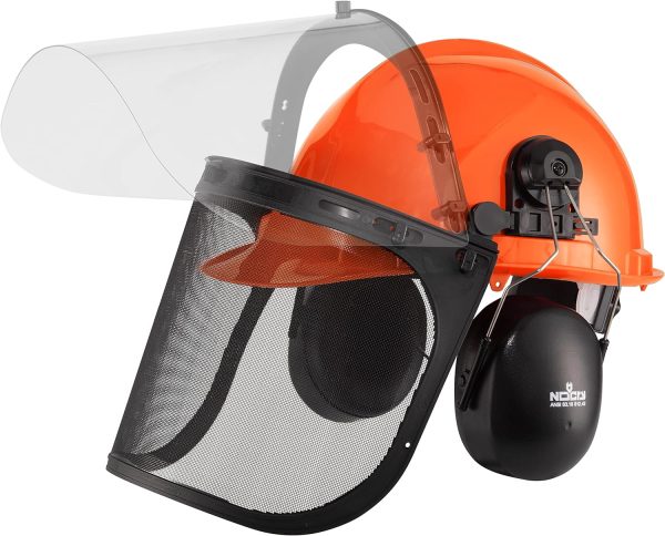 6-in-1 Industrial Chainsaw Helmet with Face Shield and Ear Muffs - Includes a Mesh Chainsaw Face Shield & a Clear Plastic Face Visor - ANSI Z89.1 Certified Forestry Helmet or Arborist Helmet