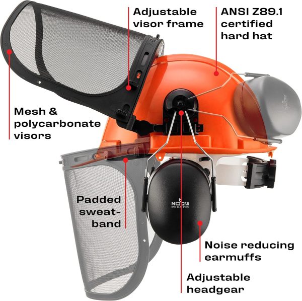 6-in-1 Industrial Chainsaw Helmet with Face Shield and Ear Muffs - Includes a Mesh Chainsaw Face Shield & a Clear Plastic Face Visor - ANSI Z89.1 Certified Forestry Helmet or Arborist Helmet