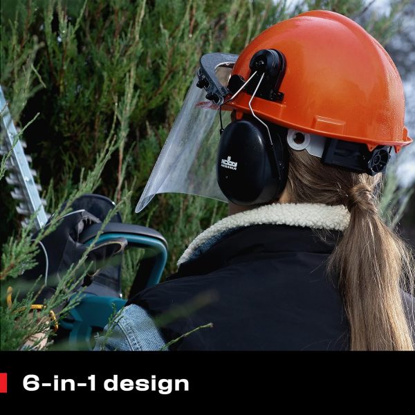 6-in-1 Industrial Chainsaw Helmet with Face Shield and Ear Muffs - Includes a Mesh Chainsaw Face Shield & a Clear Plastic Face Visor - ANSI Z89.1 Certified Forestry Helmet or Arborist Helmet